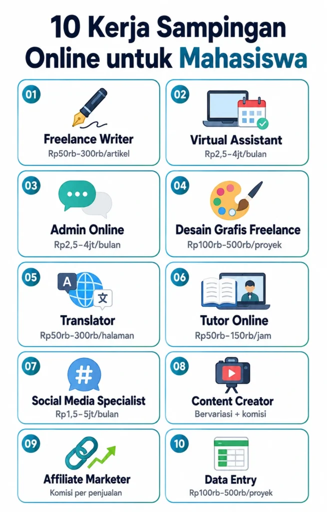Infografis 10 kerja sampingan online untuk mahasiswa beserta estimasi gaji