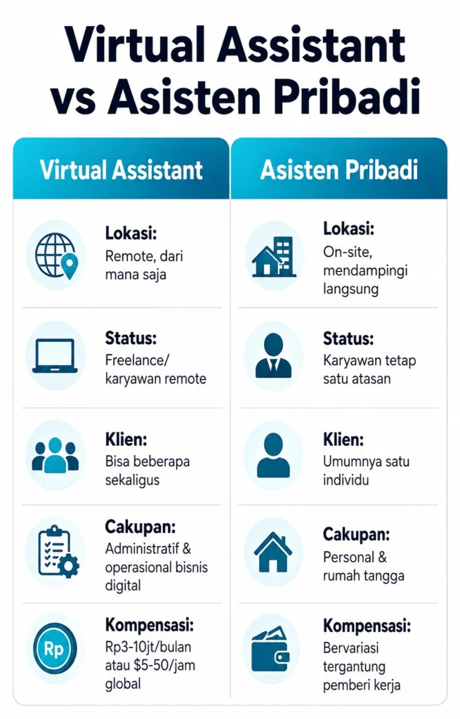 Infografis perbandingan virtual assistant dan asisten pribadi dari segi lokasi, status, dan kompensasi kerja
