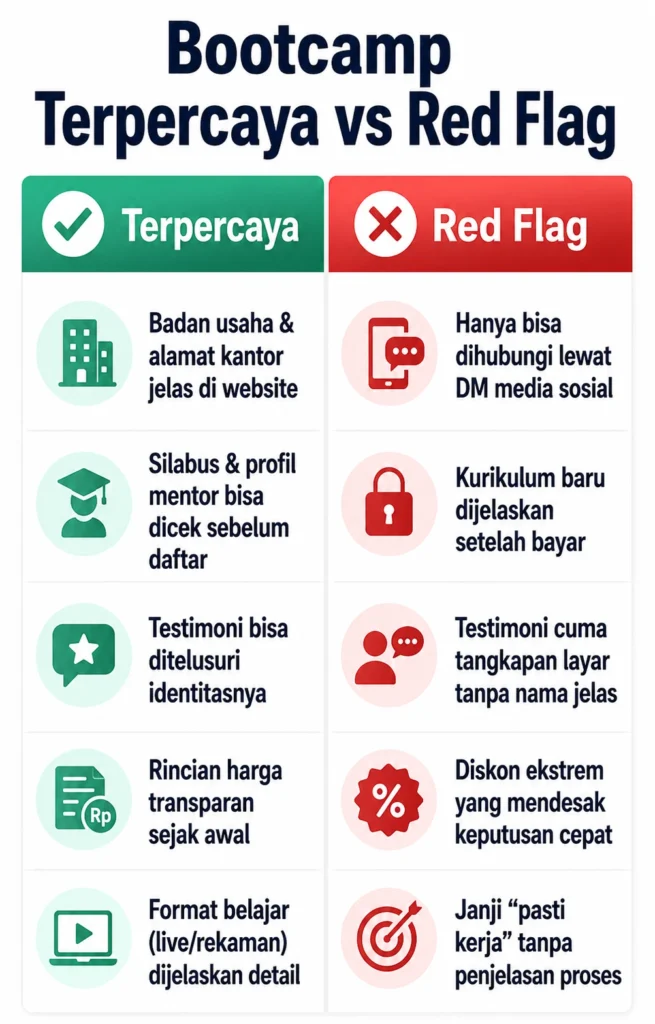 Infografis 5 ciri bootcamp online terpercaya dibanding red flag penipuan berkedok pelatihan