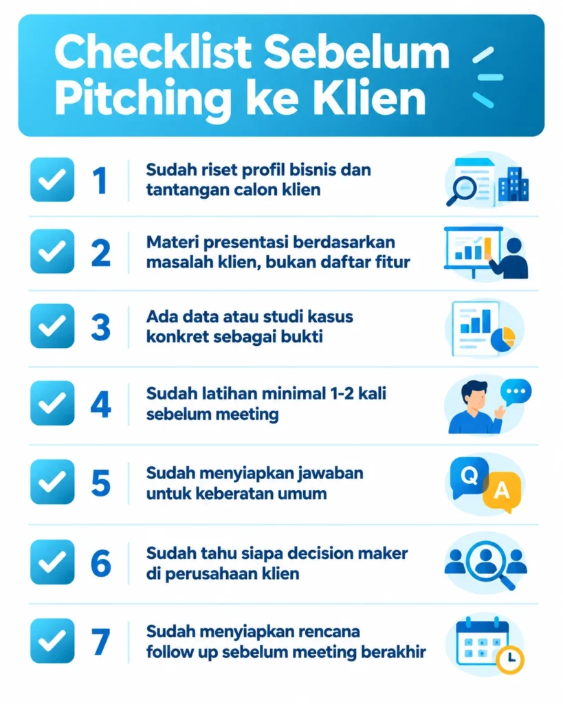 Checklist self-audit sebelum pitching ke klien untuk business development pemula