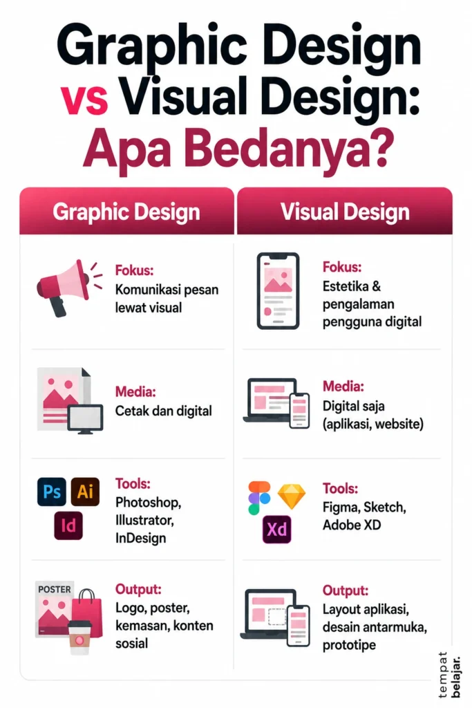 Infografis perbandingan graphic design dan visual design dari segi fokus, media, tools, dan output