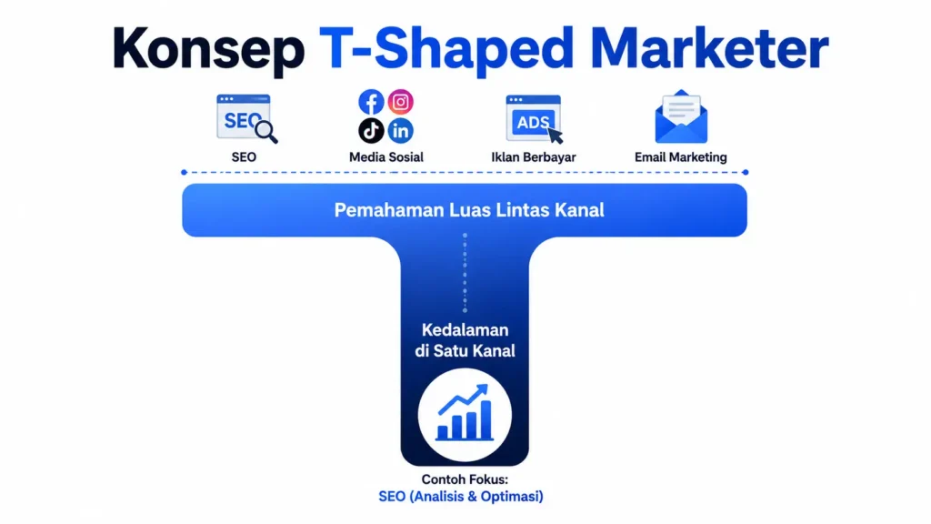 Ilustrasi konsep T-Shaped Marketer yang menggabungkan pemahaman luas dan kedalaman skill digital marketing
