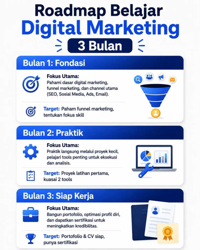 Infografis roadmap belajar digital marketing dari nol selama 3 bulan sampai siap kerja
