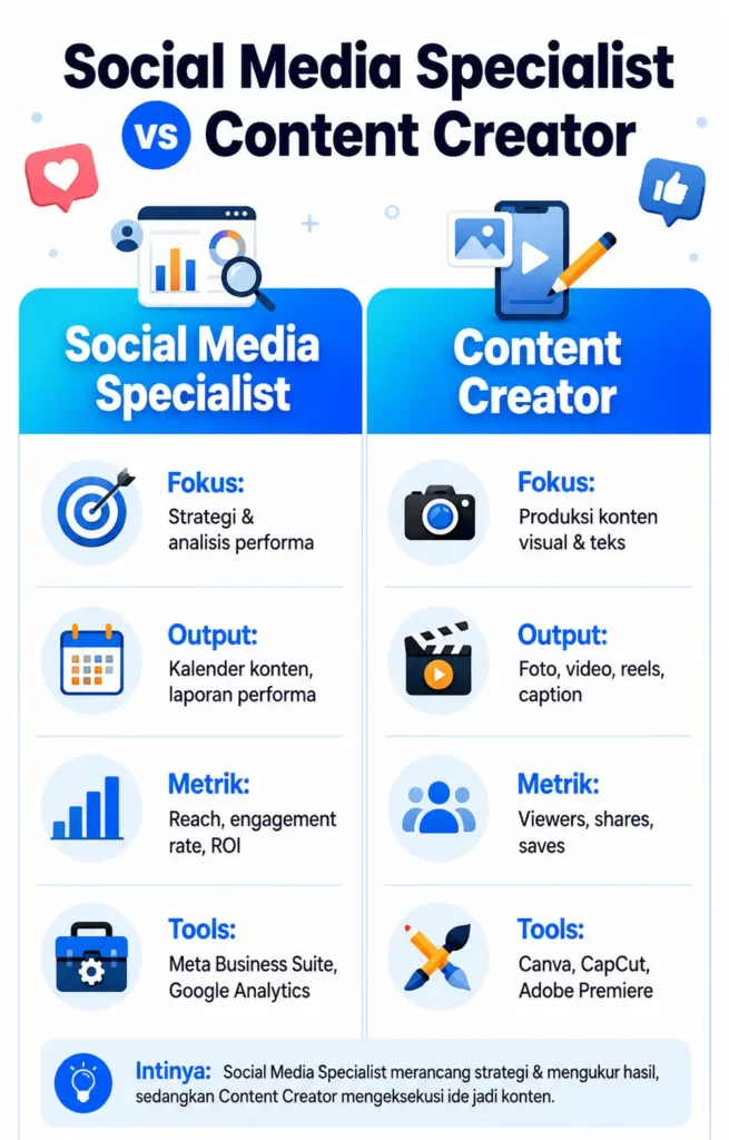 Infografis perbandingan Social Media Specialist dan Content Creator dari segi fokus kerja, output, dan tools