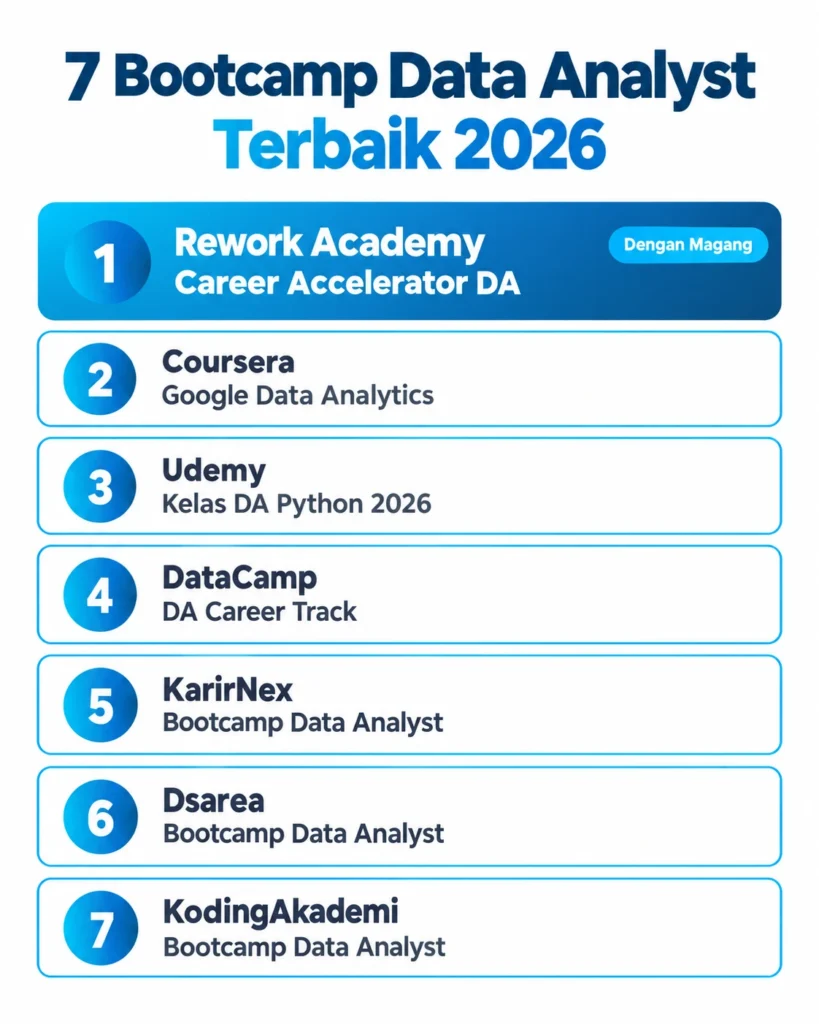 Infografis ranking 7 bootcamp data analyst terbaik 2026 untuk pemula tanpa background IT