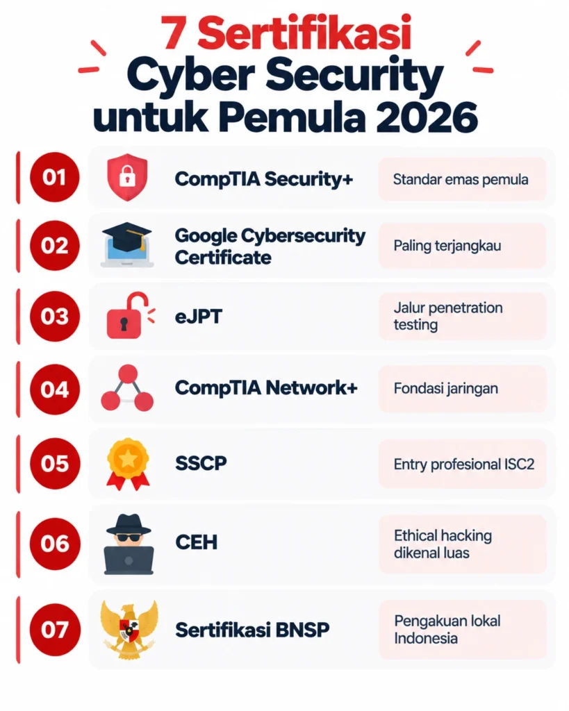 Infografis 7 sertifikasi cyber security terbaik untuk pemula tahun 2026