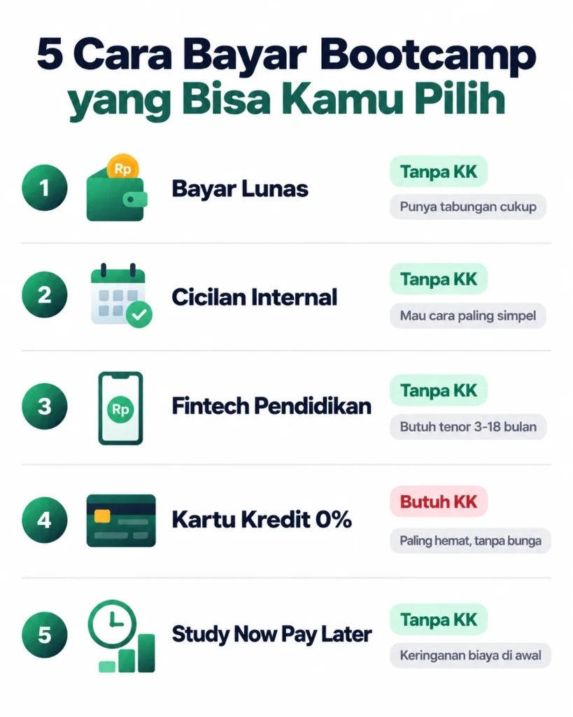 Infografis 5 skema cicilan bootcamp beserta kebutuhan kartu kredit dan cocok untuk siapa
