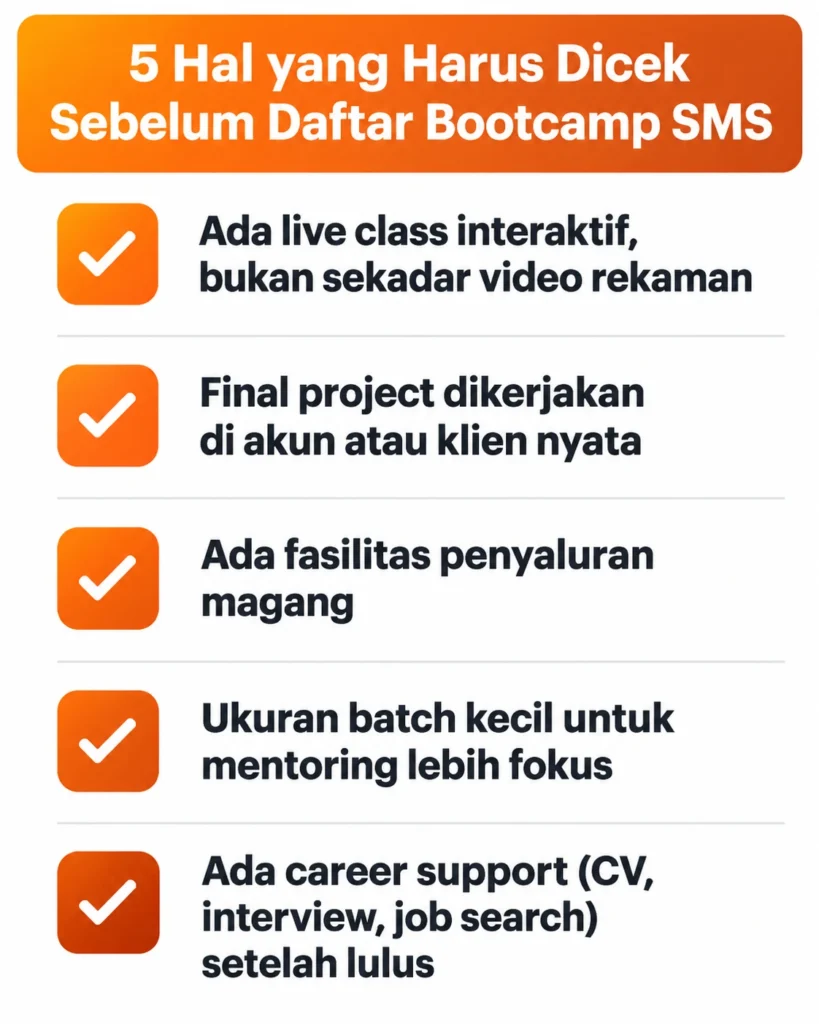 Infografis 5 hal yang wajib dicek sebelum daftar bootcamp social media specialist