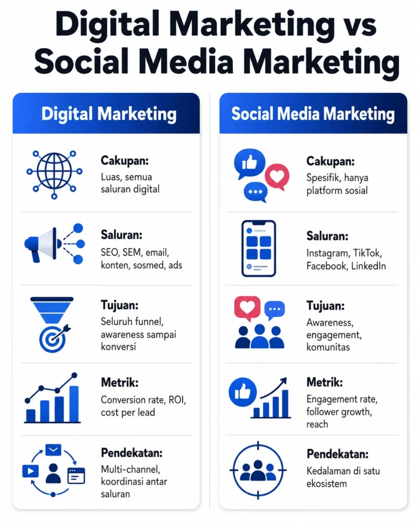 Infografis perbedaan Digital Marketing dan Social Media Marketing berdasarkan cakupan, tools, dan metrik keberhasilan