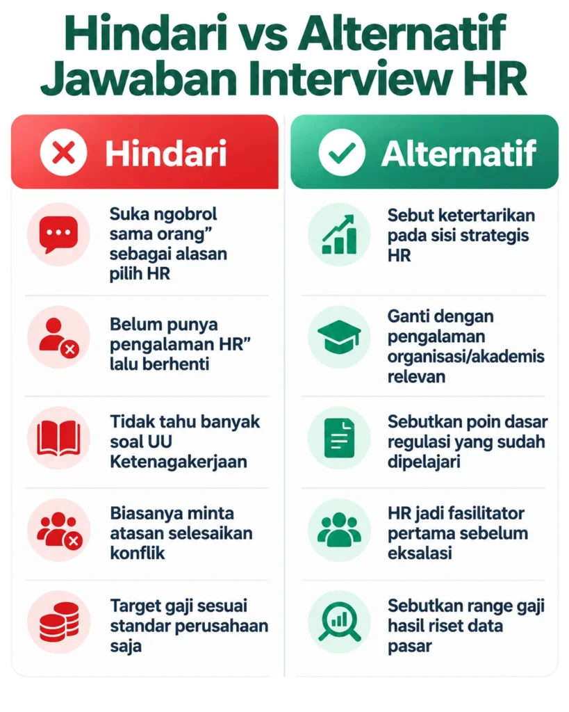 Infografis jawaban yang harus dihindari vs alternatif lebih baik saat interview posisi HR