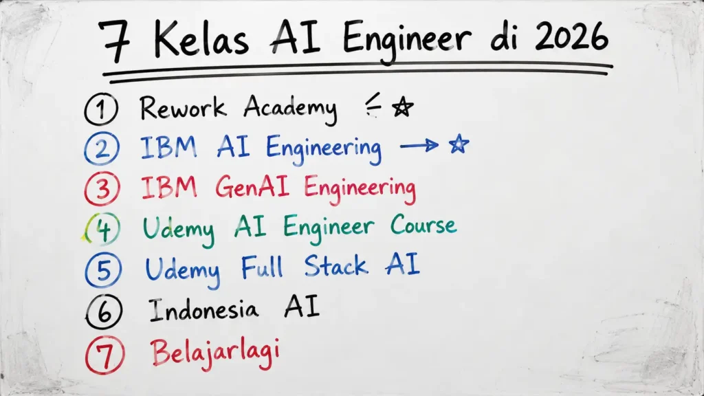 Ilustrasi coretan whiteboard berjudul 7 Kelas AI Engineer di 2026 menampilkan daftar pilihan bootcamp dan kursus AI Engineer terbaik untuk fresh graduate