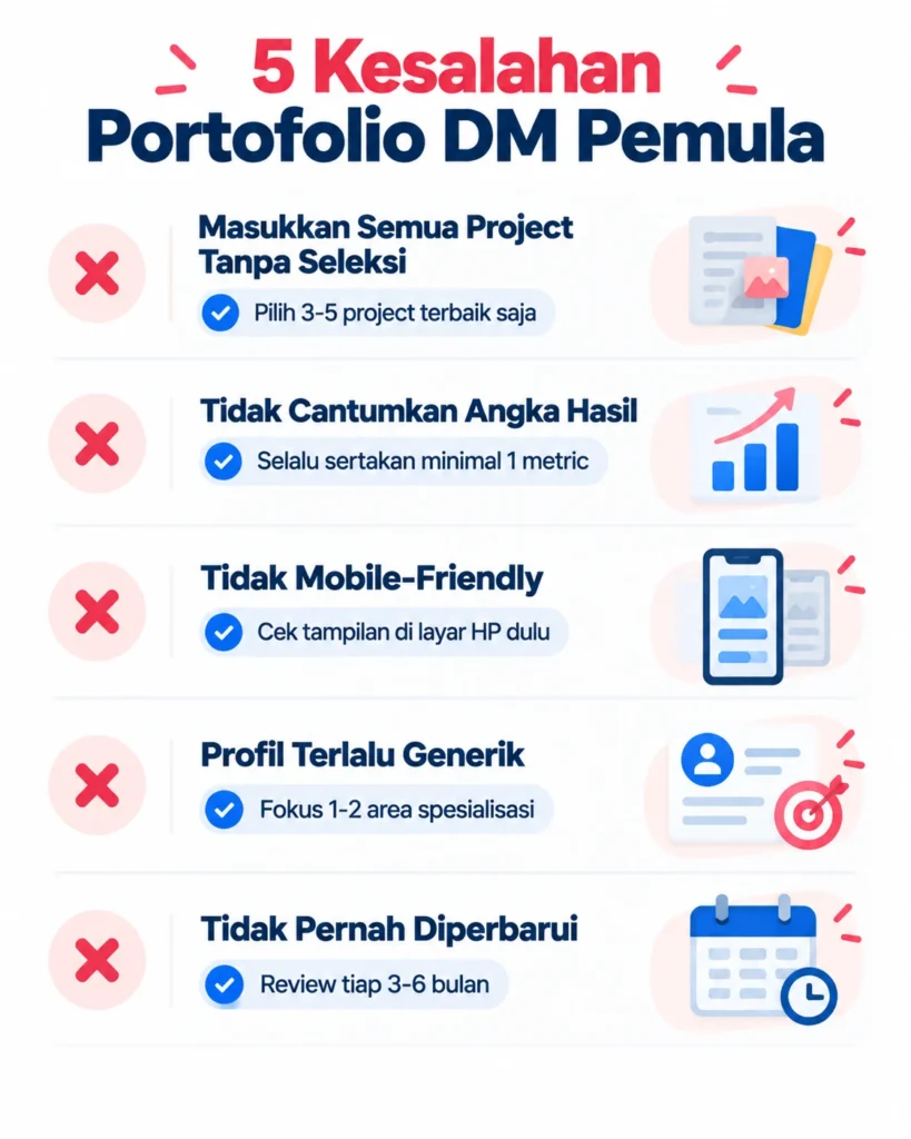 Infografis 5 kesalahan umum portofolio digital marketing pemula dan cara memperbaikinya