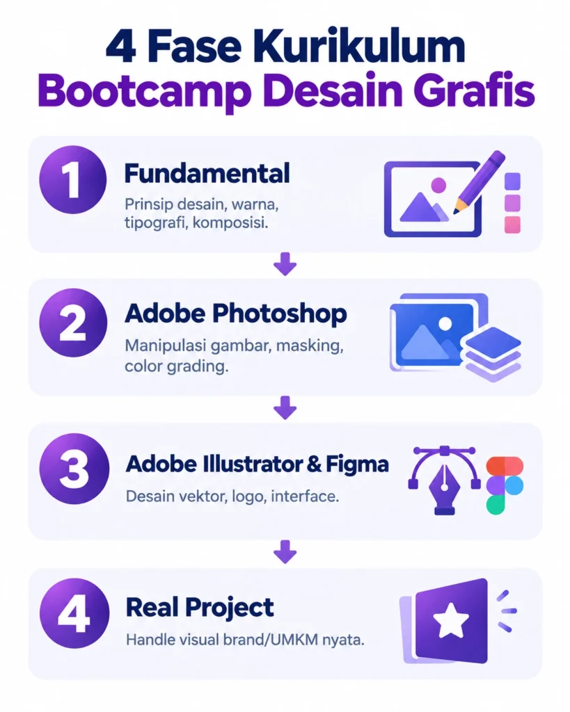 Infografis 4 fase kurikulum bootcamp desain grafis dari dasar hingga real project