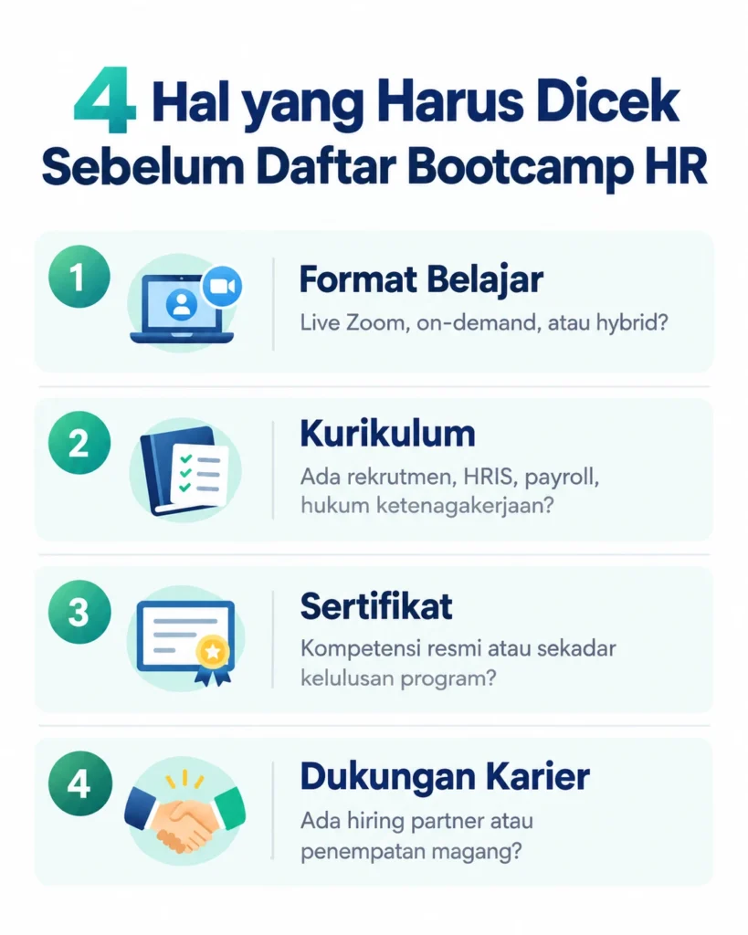 4 kriteria wajib yang harus dicek sebelum memilih bootcamp HR online, dari format belajar dan isi kurikulum hingga jenis sertifikat dan ada tidaknya dukungan karier.