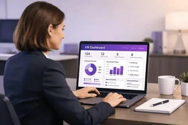 HR profesional menganalisis data KPI di laptop