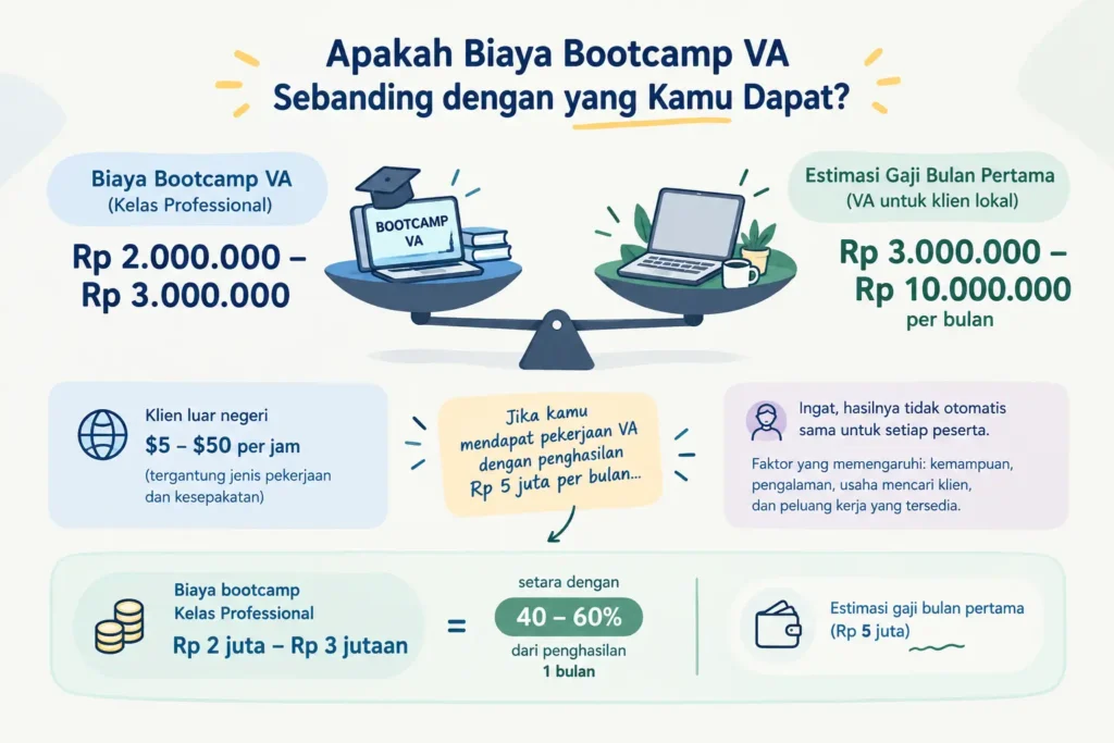 Perbandingan biaya bootcamp VA dengan potensi gaji bulan pertama