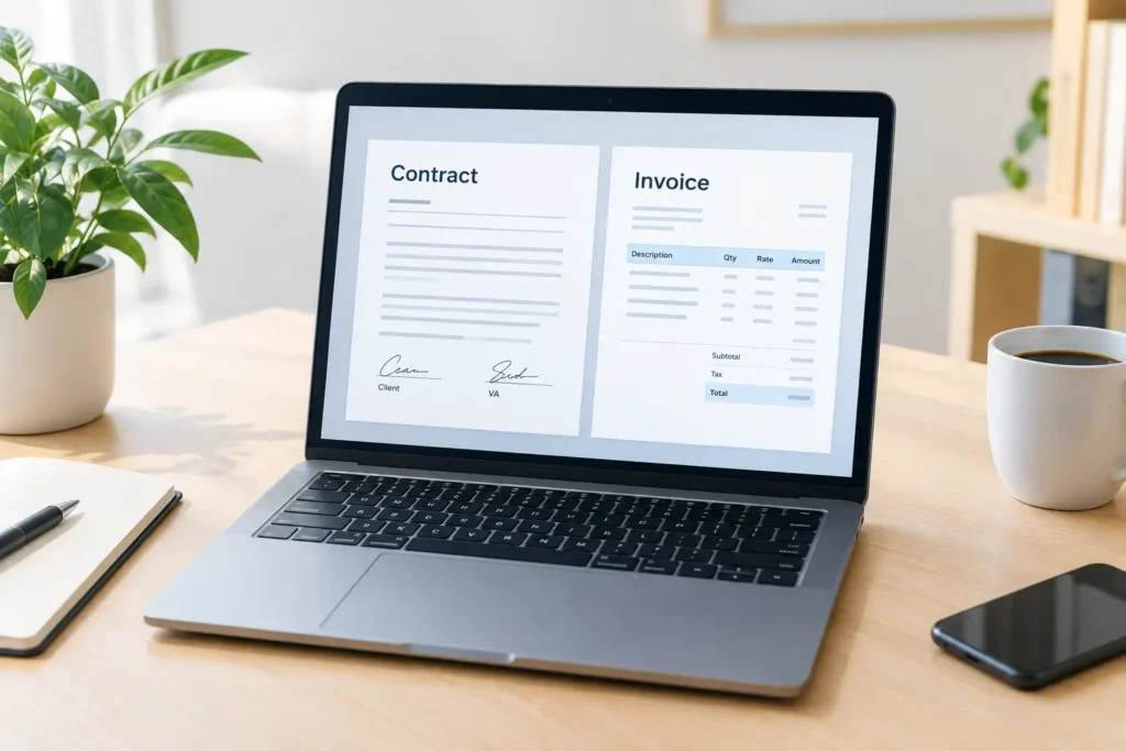 Dokumen kontrak dan invoice dalam kerja virtual assistant.